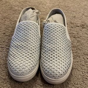 Material girl white glitter stone slip on shoes